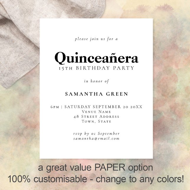 PAPER Simple Quinceañera Any Colour Birthday Invit (Creator Uploaded)