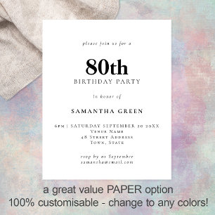 PAPER Simple Text Any Colour 80th Birthday Invite