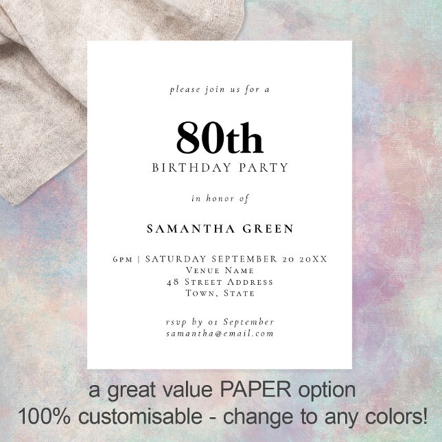 PAPER Simple Text Any Colour 80th Birthday Invite (Creator Uploaded)