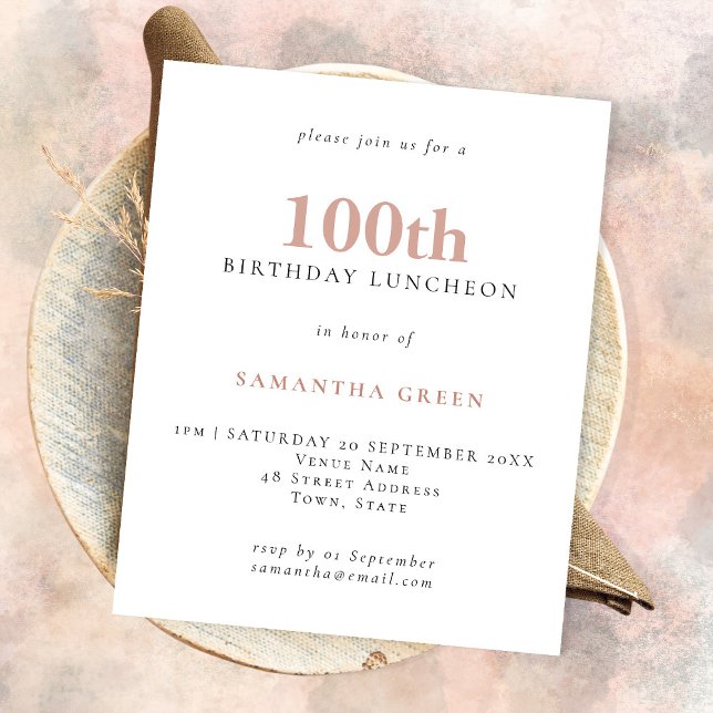 PAPER Simple Text Blush 100th Birthday Invitation (Creator Uploaded)