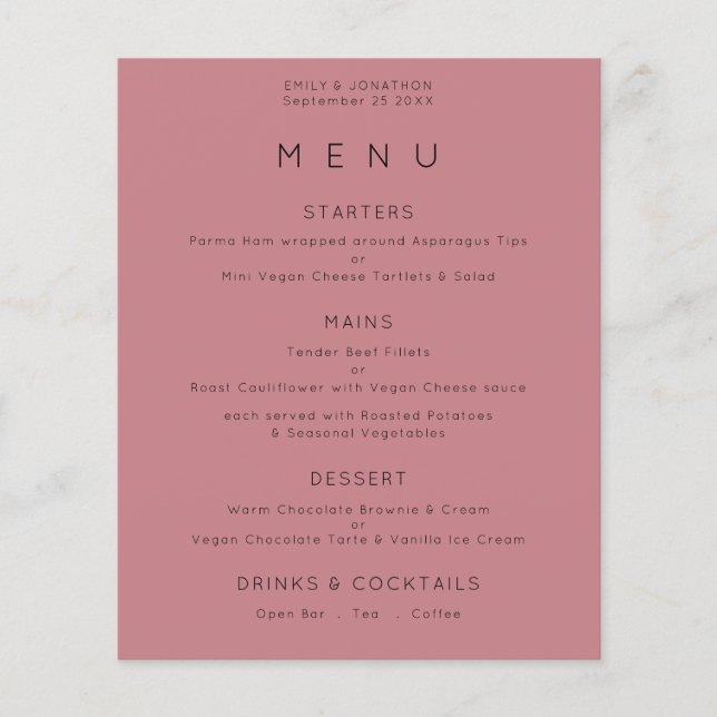 PAPER | Simple Text Dusty Rose Pink Wedding Menu (Front)