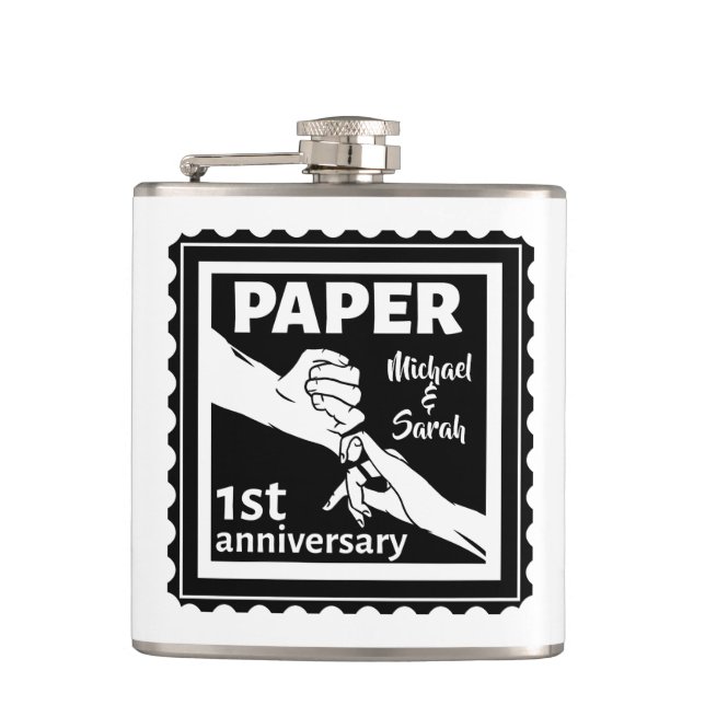 Paper traditional 1st wedding anniversary hip flask (Front)