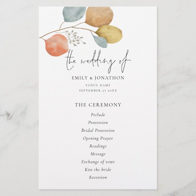PAPER | Trendy Watercolor Leaves Wedding Program (Front)