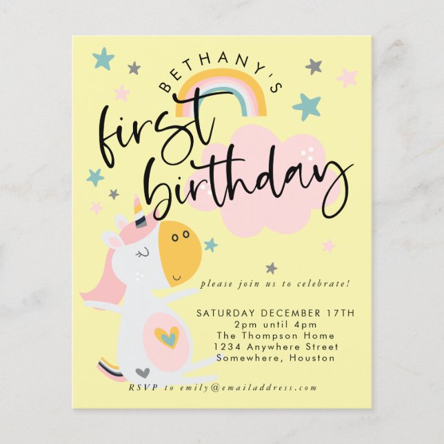 PAPER Unicorn  Girl 1st Birthday Yellow Invitation (Front)