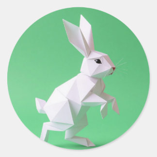 Paper work of rabbit in green world  classic round sticker