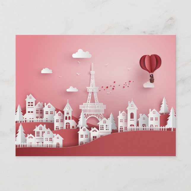 Papercut Couple Hot Air Balloon in Paris Postcard (Front)