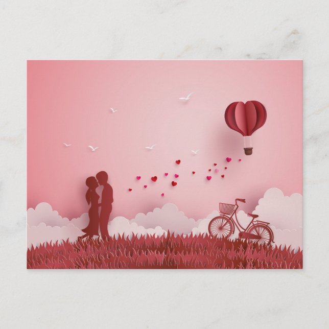Papercut Couple Red Bide Hot Air Balloon Postcard (Front)