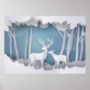 Papercut Deer in Forest Poster