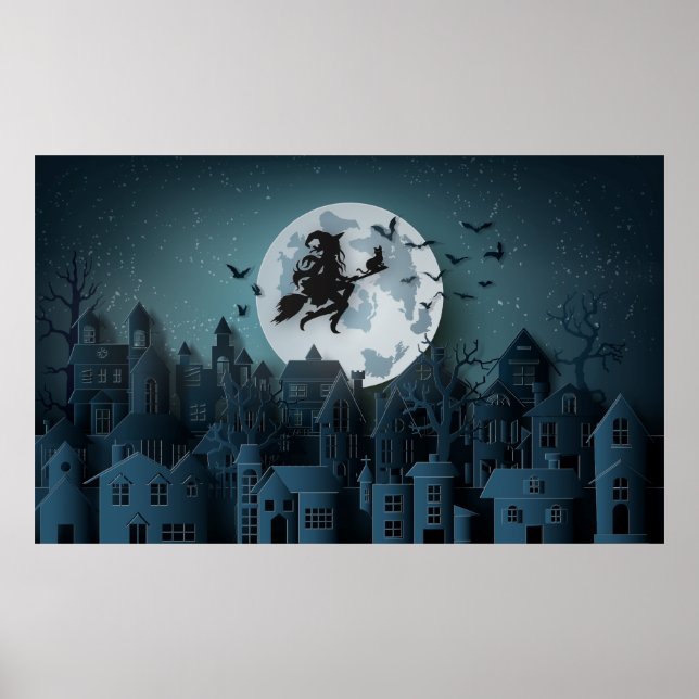 Papercut Halloween Witch Flying over Village Poster (Front)