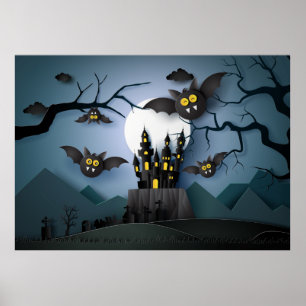 Papercut Haunted Castle and Bats Poster