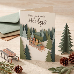 Papercut Holidays Spruce Sledding Modern Folded Holiday Card