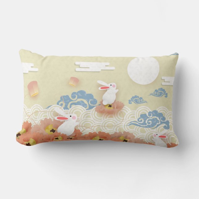 Papercut Mid Autumn Bunnies, Lotus, Moon Lumbar Cushion (Front)