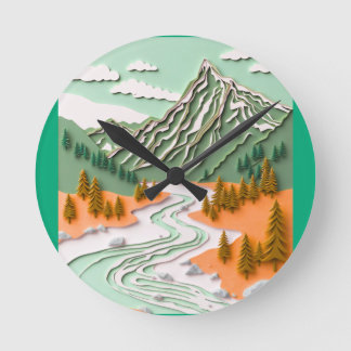 Papercut Mountain design Round Clock