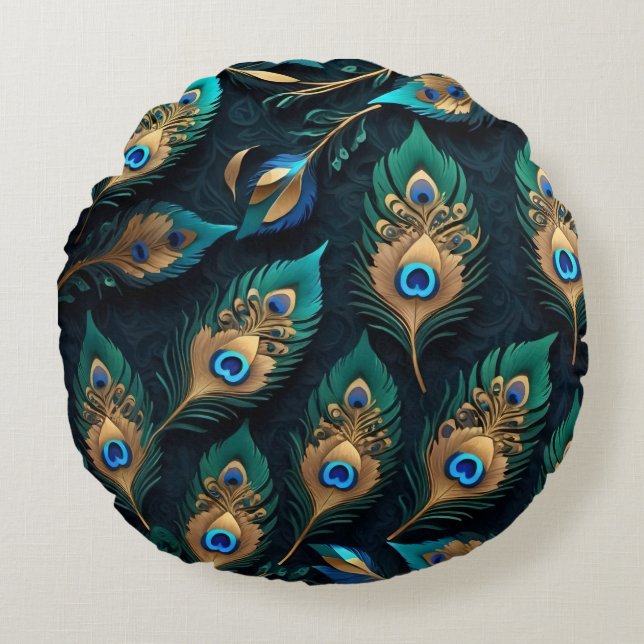 Papercut Peacock Feathers Pattern Round Cushion (Front)