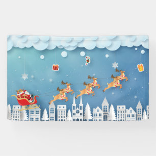 Papercut Santa and Reindeer over city Christmas Banner