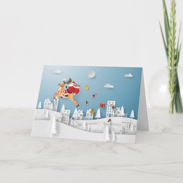 Papercut Santa delivering Gift over City Christmas Holiday Card (Front)