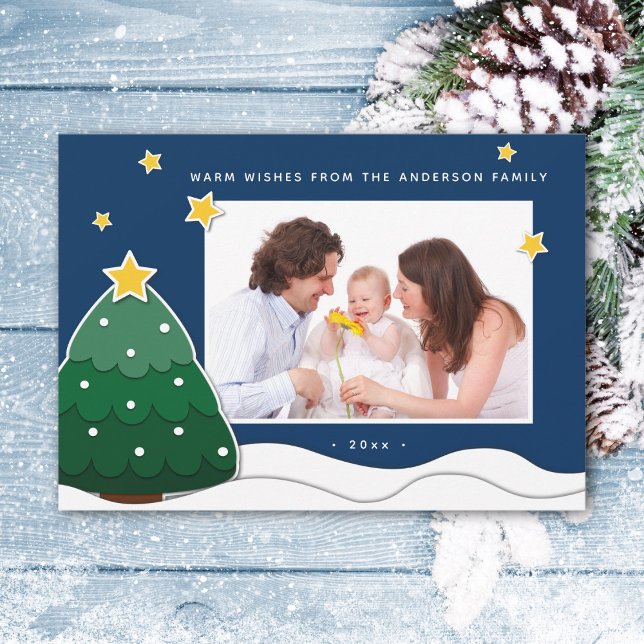 Papercut Stars & Snowy Christmas Tree Family Photo Holiday Card (Creator Uploaded)