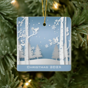 Papercut Winter Forest and Squirrels Ceramic Ornament