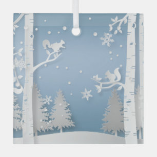 Papercut Winter Forest and Squirrels Glass Tree Decoration
