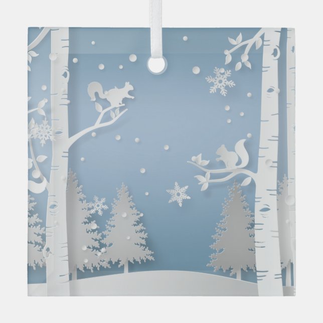 Papercut Winter Forest and Squirrels Glass Tree Decoration (Front)
