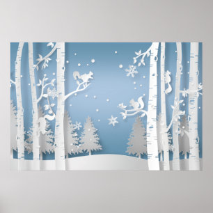 Papercut Winter Forest and Squirrels Poster