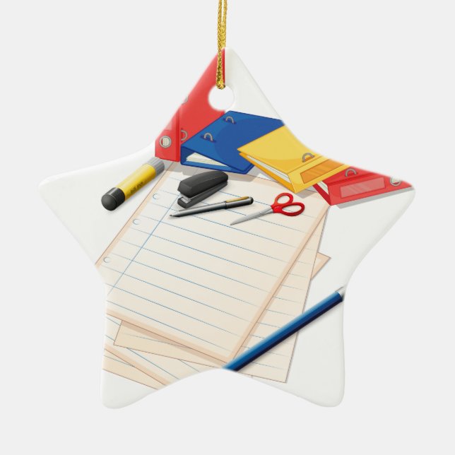 Papers and other office supplies ceramic tree decoration (Front)