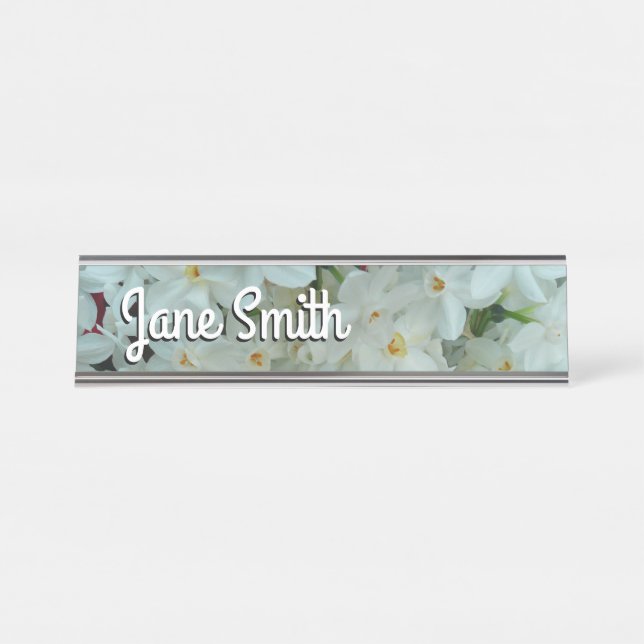 Paperwhite Narcissus Delicate White Flowers Desk Name Plate (Front)