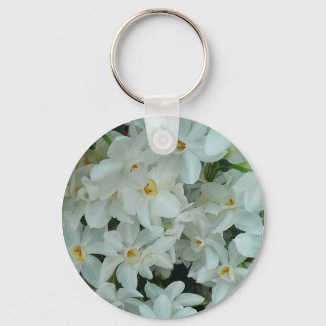 Paperwhite Narcissus Delicate White Flowers Key Ring (Front)