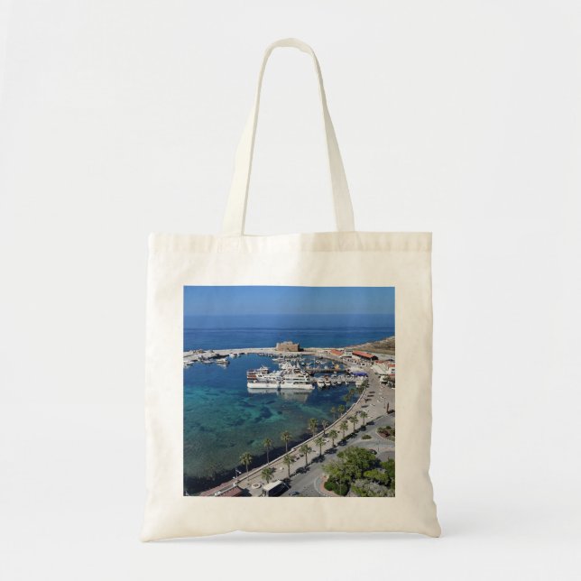 Paphos castle and harbour drone view tote bag (Front)