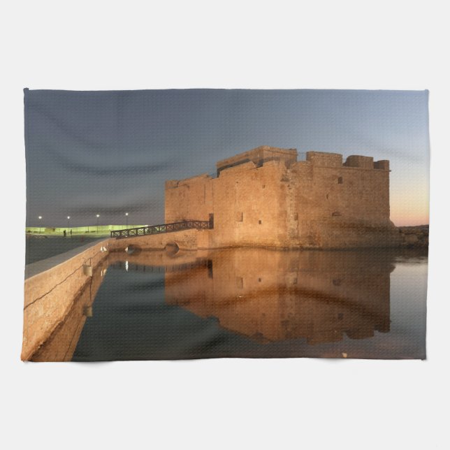 Paphos Castle and reflections at sunset Tea Towel (Horizontal)