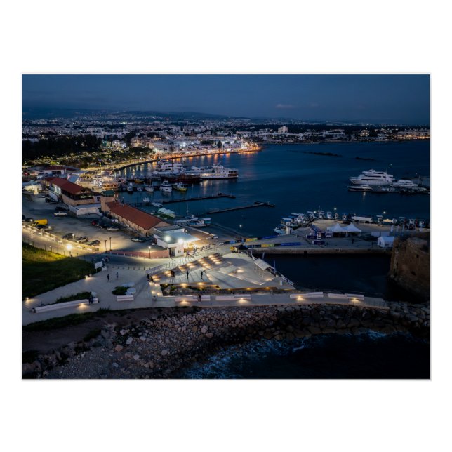 Paphos harbour drone view at night, Cyprus Poster (Front)