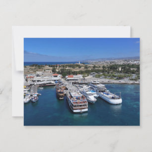 Paphos harbour drone view with lighthouse postcard