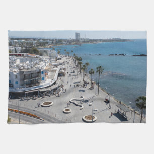 Paphos Sea Front Walk by drone Tea Towel