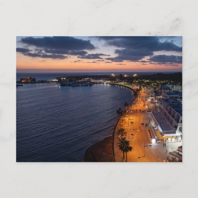 Paphos seafront and harbour at night postcard (Front)