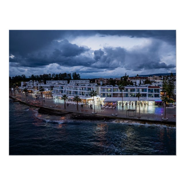 Paphos seafront drone view at night poster (Front)