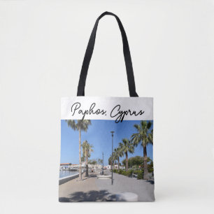 Paphos seafront with palm trees tote bag