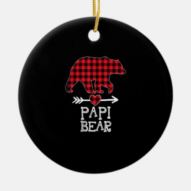 Papi Bear Christmas Pajama Red Plaid Buffalo Famil Ceramic Tree Decoration (Front)
