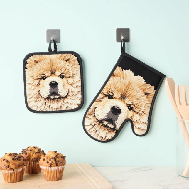 PAPIER MIRAGE Cream Chow Oven Mitt & Pot Holder Set (Creator Uploaded)