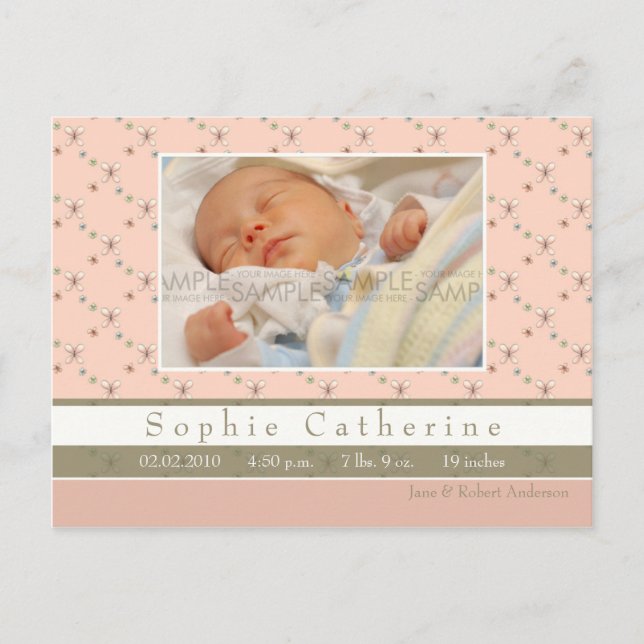 Papillion Pink/Green • Birth Announcement (Front)