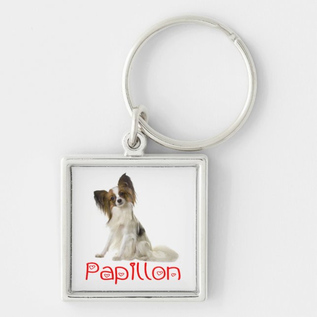 Papillon Brown and White Puppy Dog Red Love Key Ring (Front)