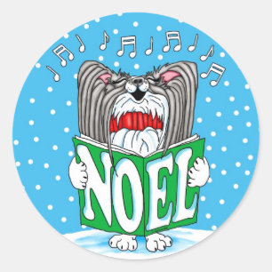 Papillon Christmas Caroler BW Classic Round Sticker