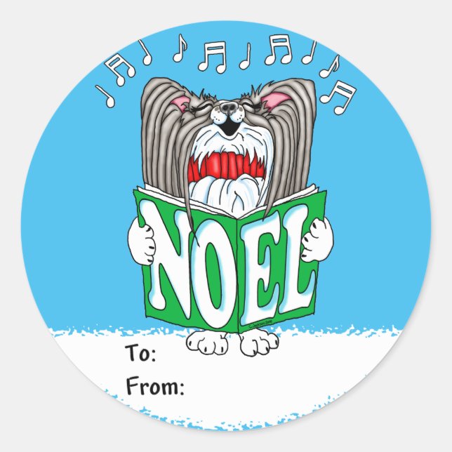 Papillon Christmas Caroler BW Classic Round Sticker (Front)