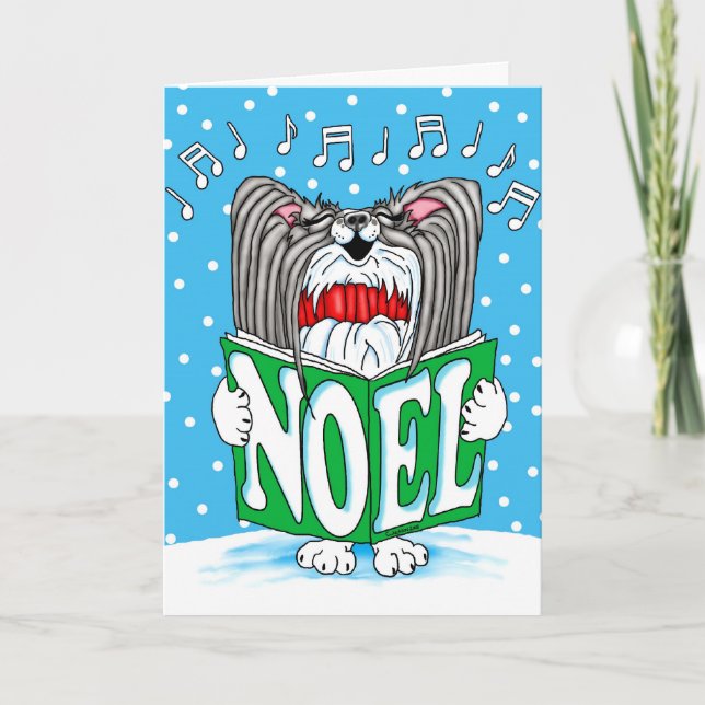 Papillon Christmas Caroler BW Holiday Card (Front)