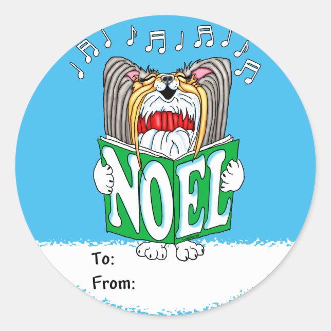 Papillon Christmas Caroler Tri Classic Round Sticker (Front)