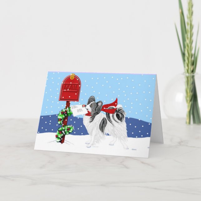 Papillon Christmas Mail Blk Wht Holiday Card (Front)
