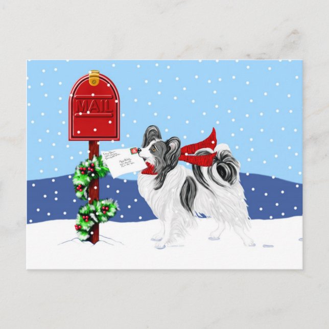 Papillon Christmas Mail Blk Wht Holiday Postcard (Front)