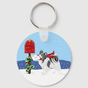 Papillon Christmas Mail Blk Wht Key Ring