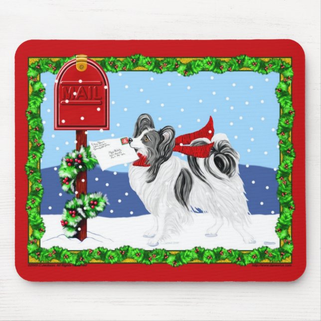 Papillon Christmas Mail Blk Wht Mouse Mat (Front)