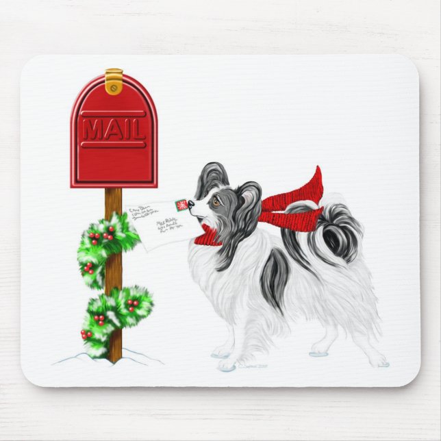 Papillon Christmas Mail Blk Wht Mouse Mat (Front)