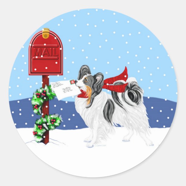 Papillon Christmas Mail Tri Colour Classic Round Sticker (Front)